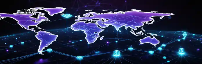 Gambling industry news illustration with blockchain, fintech, and digital gaming elements