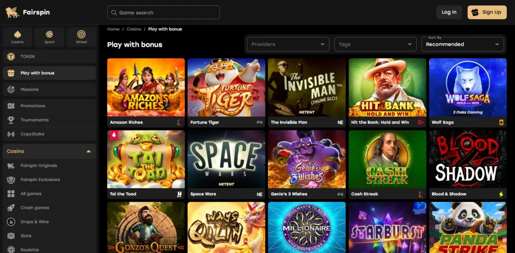 Fairspin Casino review – screenshot of bonus play feature with active free spins and bonus funds interface