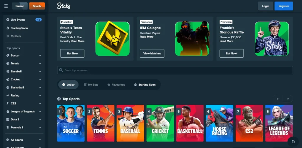 Stake Casino review screenshot – live sportsbook interface with UFC, football, and NBA markets in real-time. Dynamic odds, crypto betting options, and one-click wagering for Web3 sports fans. Place sharp bets with blockchain speed