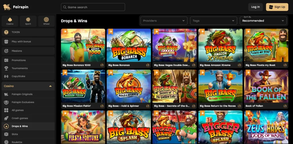 Fairspin Casino review screenshot – Drops & Wins tournament section with slot prize pool and leaderboard