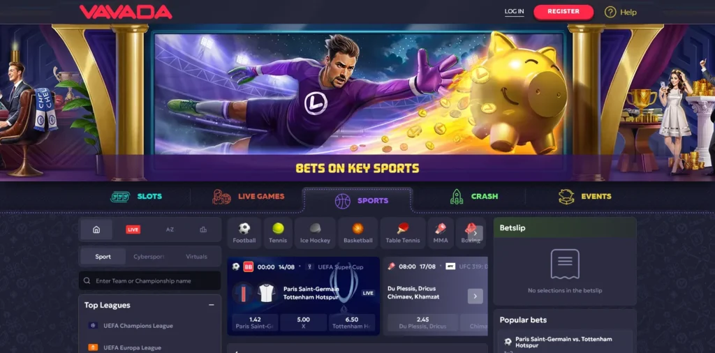 Sports betting interface at Vavada – live odds, match filters, and upcoming events from football, basketball, and eSports. Vavada Casino Review screenshot of the sportsbook section.