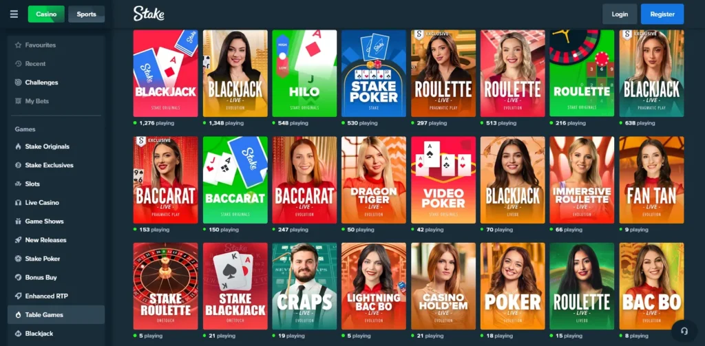 Stake Casino review screenshot – live dealer tables for blackjack, roulette, and baccarat in HD stream. Real-time action, interactive chat, and crypto bets from $1 to high-roller stakes. Enter the table and feel the pulse