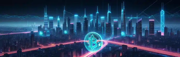 Futuristic blockchain-themed background with glowing Bitcoin symbols, financial data streams, and a cyberpunk city skyline
