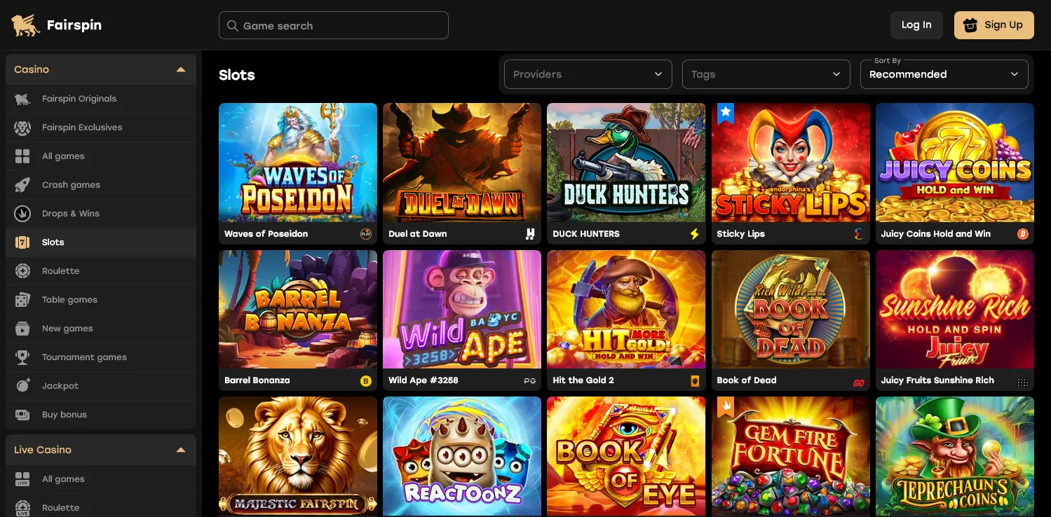 Fairspin Casino review screenshot – slot game section with Sugar Rush, Wanted Dead or a Wild, Book of Shadows and on-chain RTP data