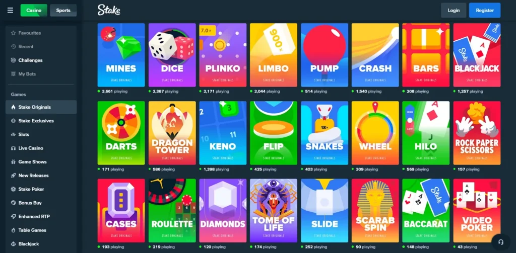 Stake Casino review screenshot – Stake Originals including Crash, Plinko, Mines, Dice, and Dragon Tower in provably fair crypto gameplay. Built in-house for high-volatility action, instant bets, and Web3 transparency