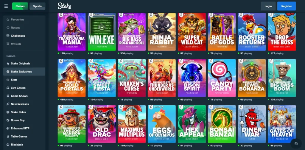 Screenshot of Stake-exclusive game lobby showcasing custom titles like Crash, Plinko, and Dragon Tower with dynamic multipliers, minimalist design, and provably fair mechanics. Built for fast-paced, high-risk crypto gameplay