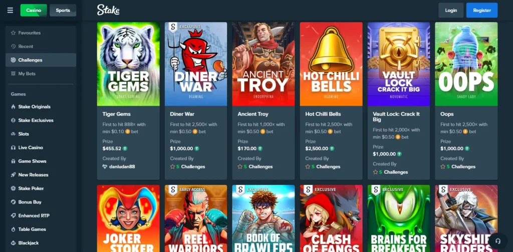 Screenshot of Stake Challenges dashboard featuring daily crypto missions, animated progress trackers, and leaderboard tasks across slots, live games, and sportsbook. Designed to reward consistent engagement and skillful play