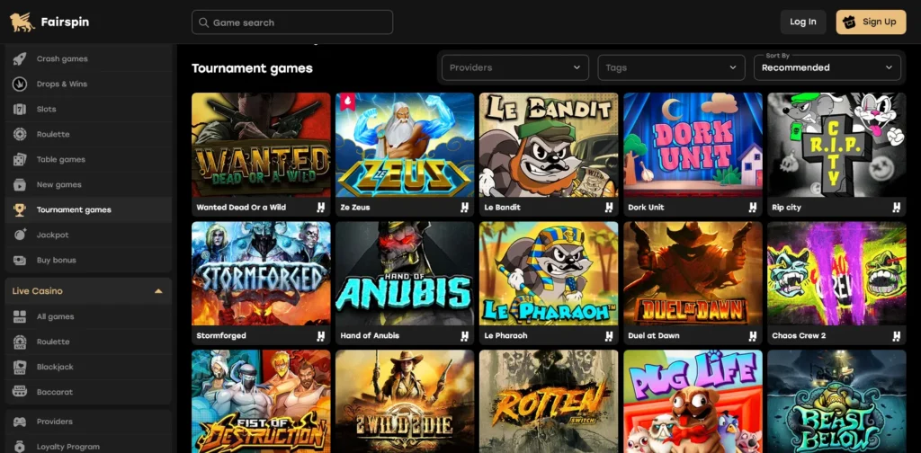 Fairspin Casino review screenshot – Tournaments section highlighting daily firepower and massive prize pools