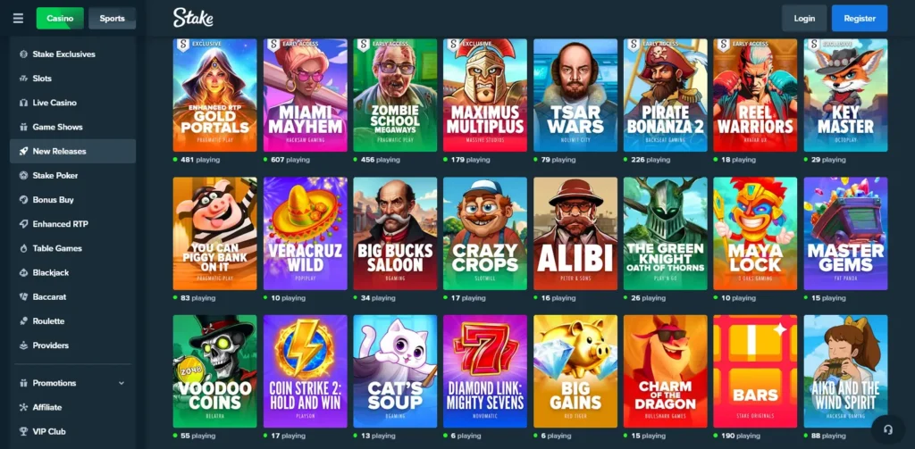 Stake Casino review screenshot – latest game releases in crypto lobby, featuring new slots like Muerto en Mictlán, Cash Crew, and Wildies. Fresh volatility, Web3 graphics, and launch-day multipliers ready to hit