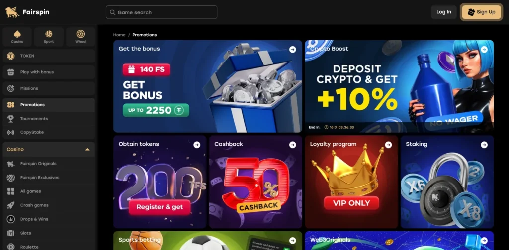 Fairspin screenshot – loyalty perks including VIP tiers, rakeback in TFS, exclusive bonuses, and weekly cashback