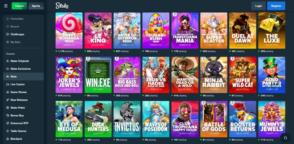 Stake Casino review screenshot – crypto slot lobby featuring Stake Originals, Gates of Olympus, and Big Bass Bonanza with visible bet history, live chat, and instant wager tracking. Explore provably fair spins with Web3 speed