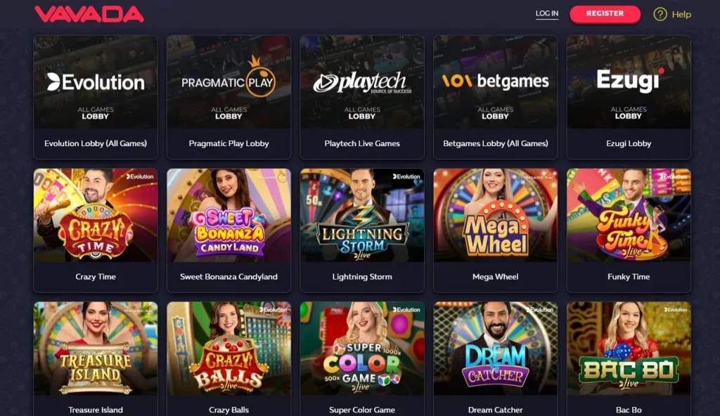 Screenshot of Vavada Casino Live section – real dealers, roulette and blackjack tables, HD streams, and high-stakes VIP action with instant crypto betting.