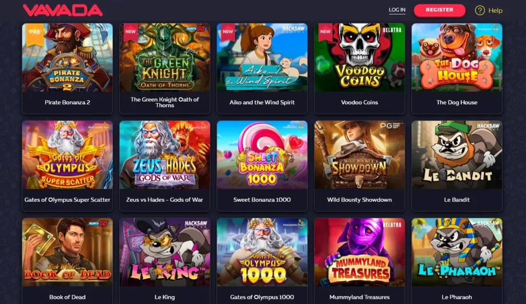 Slot lobby interface at Vavada – colorful game grid with providers like Pragmatic Play and NetEnt. Vavada Casino Review screenshot of the main slots section.