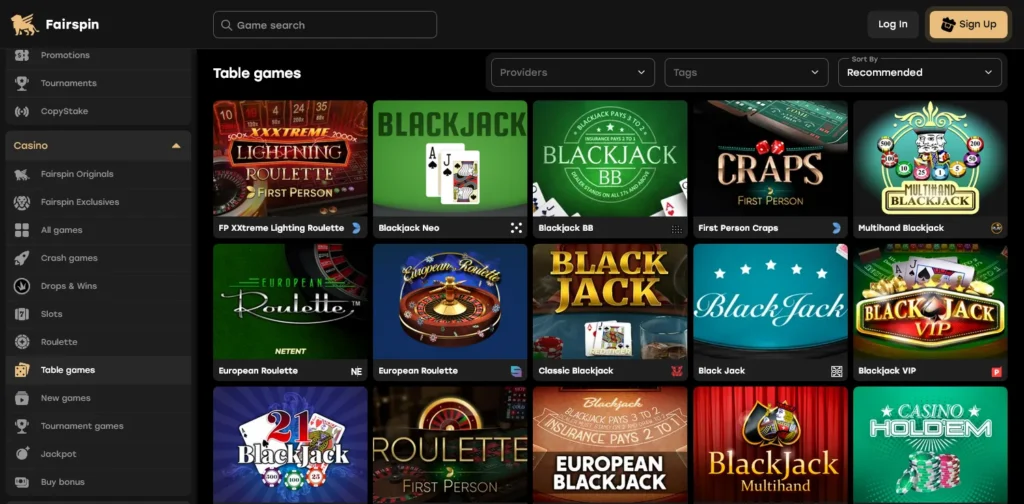 Fairspin screenshot – classic table games interface featuring multihand blackjack, European roulette and instant play