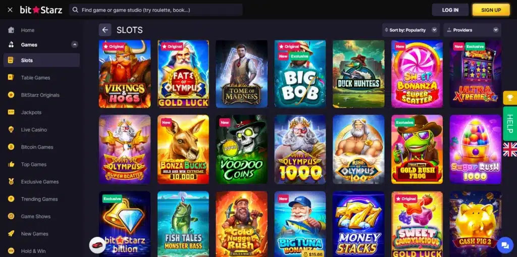 BitStarz Casino review slots screenshot – top-rated slot games lobby with Book of Dead, Gates of Olympus, and jackpot titles