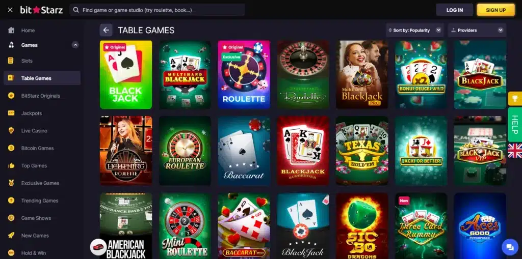 Screenshot from gaming lobby showing the Table Games section with blackjack, roulette, baccarat, and other classic card and wheel games