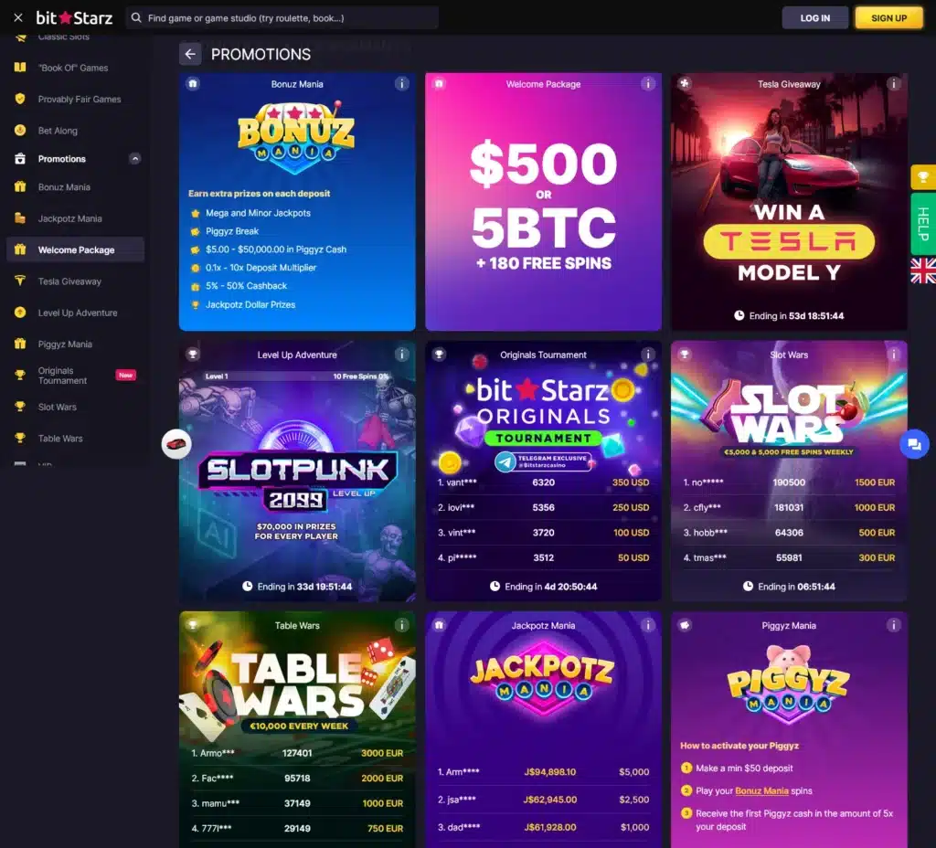 BitStarz Casino review Bonuses & Promotions screenshot – Bonuz Mania, Slot Wars, Tesla giveaways and crypto rewards