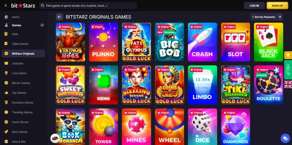 Screenshot from the gaming platform showing the Originals Games lobby with exclusive in-house titles, including table games, slots, and provably fair releases