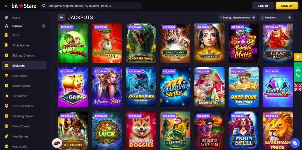 BitStarz Casino review screenshot of Jackpot Games lobby packed with Mega Moolah, Divine Fortune, and Wolf Gold jackpots — spin now for your chance at life-changing crypto wins