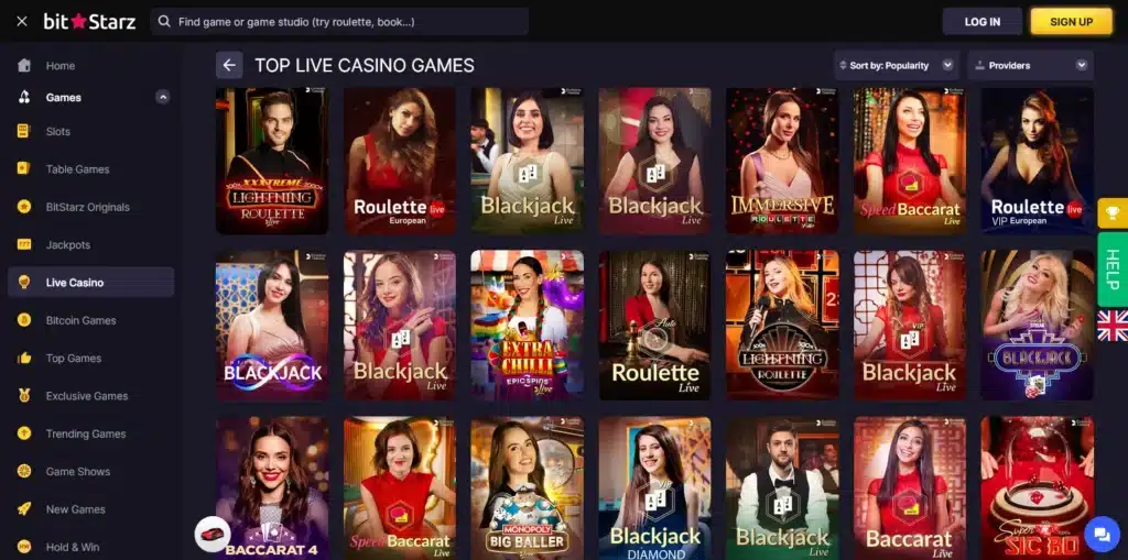 BitStarz Casino review screenshot of the Live Games section with real dealers hosting blackjack, roulette, baccarat, and game shows in real time