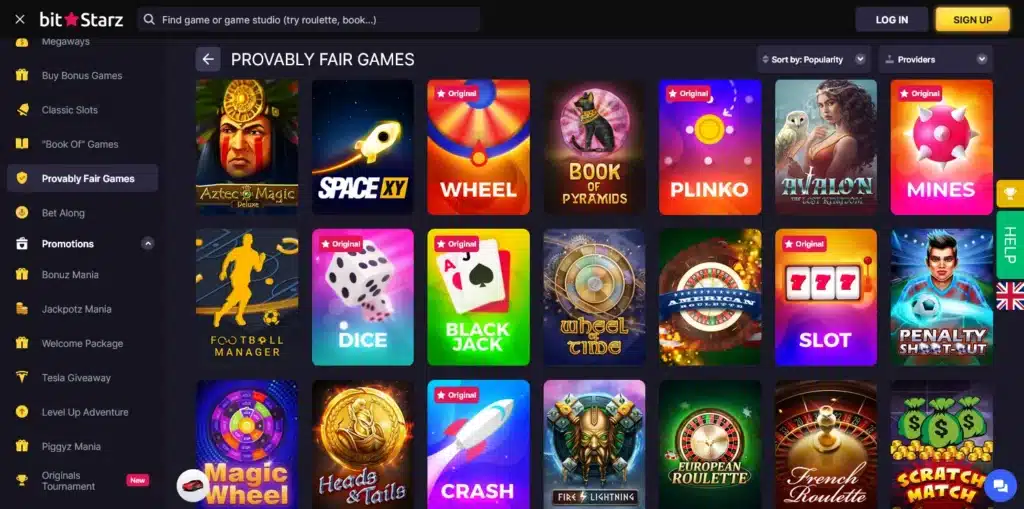 BitStarz Casino review screenshot of the Provably Fair Games section featuring in-house titles with transparent RNG verification for fair play